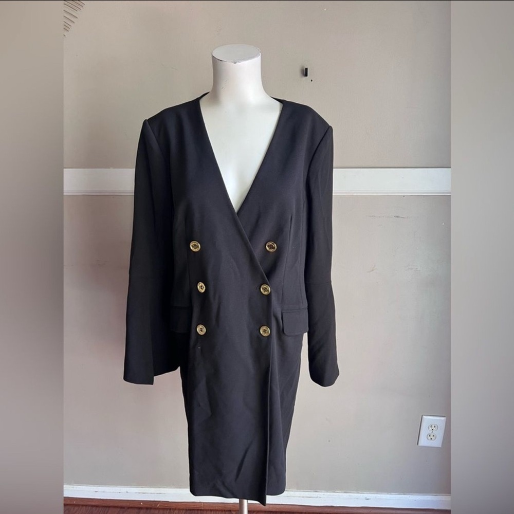 Calvin Klein Black Double-Breasted Longline Blazer Dress with Gold Buttons